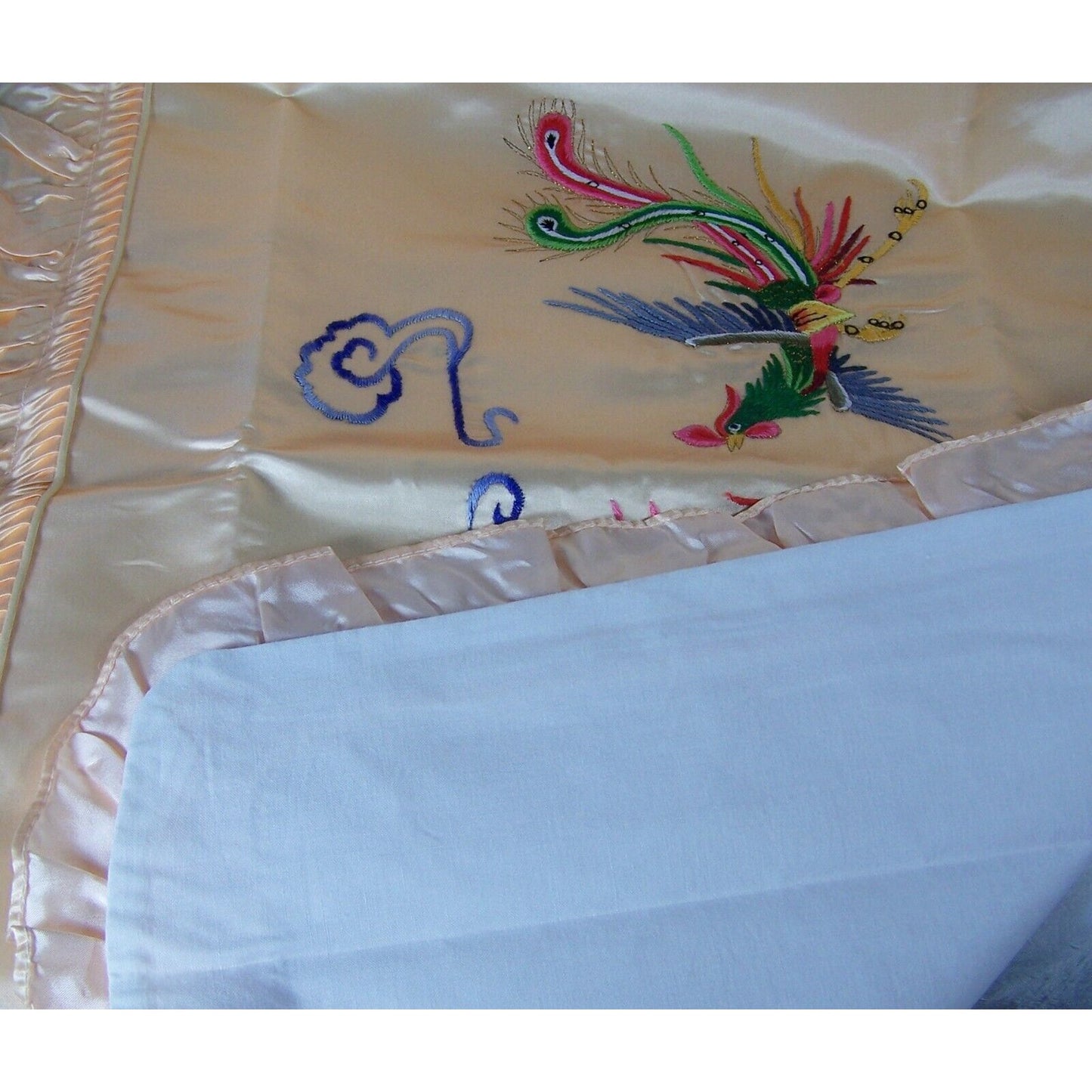 Chinese Dragon Silk Satin Peach Pillow Shams 26"x 17" Ruffle Left & Right New