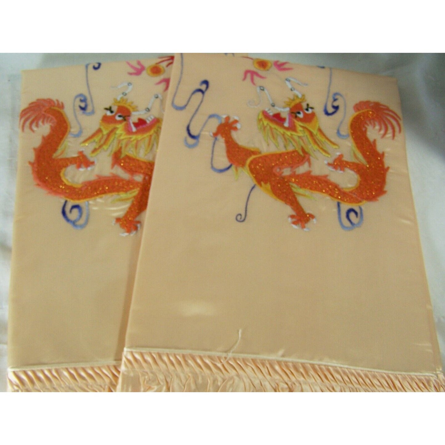 Chinese Dragon Silk Satin Peach Pillow Shams 26"x 17" Ruffle Left & Right New