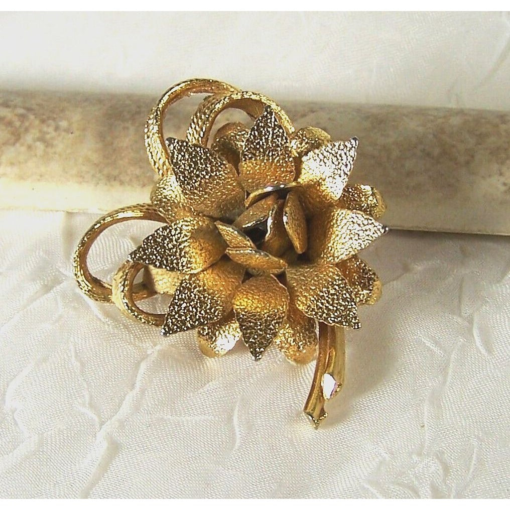 Vintage Gold Tone Rose Flower Brooch Textured Pointed Leaves 2"