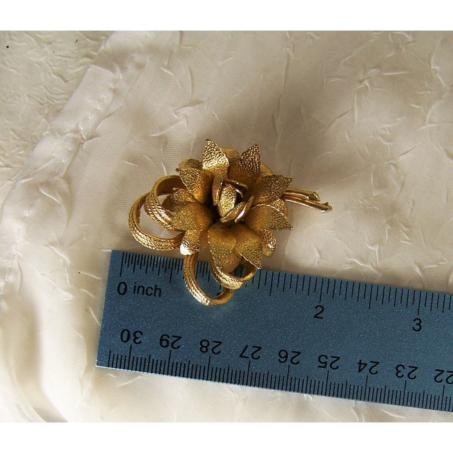Vintage Gold Tone Rose Flower Brooch Textured Pointed Leaves 2"