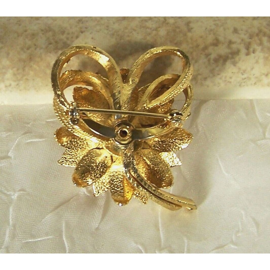 Vintage Gold Tone Rose Flower Brooch Textured Pointed Leaves 2"