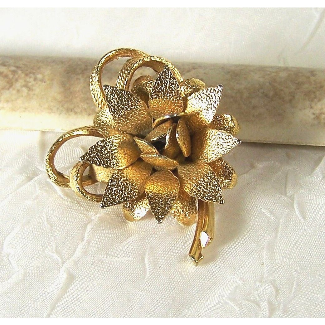 Vintage Gold Tone Rose Flower Brooch Textured Pointed Leaves 2"