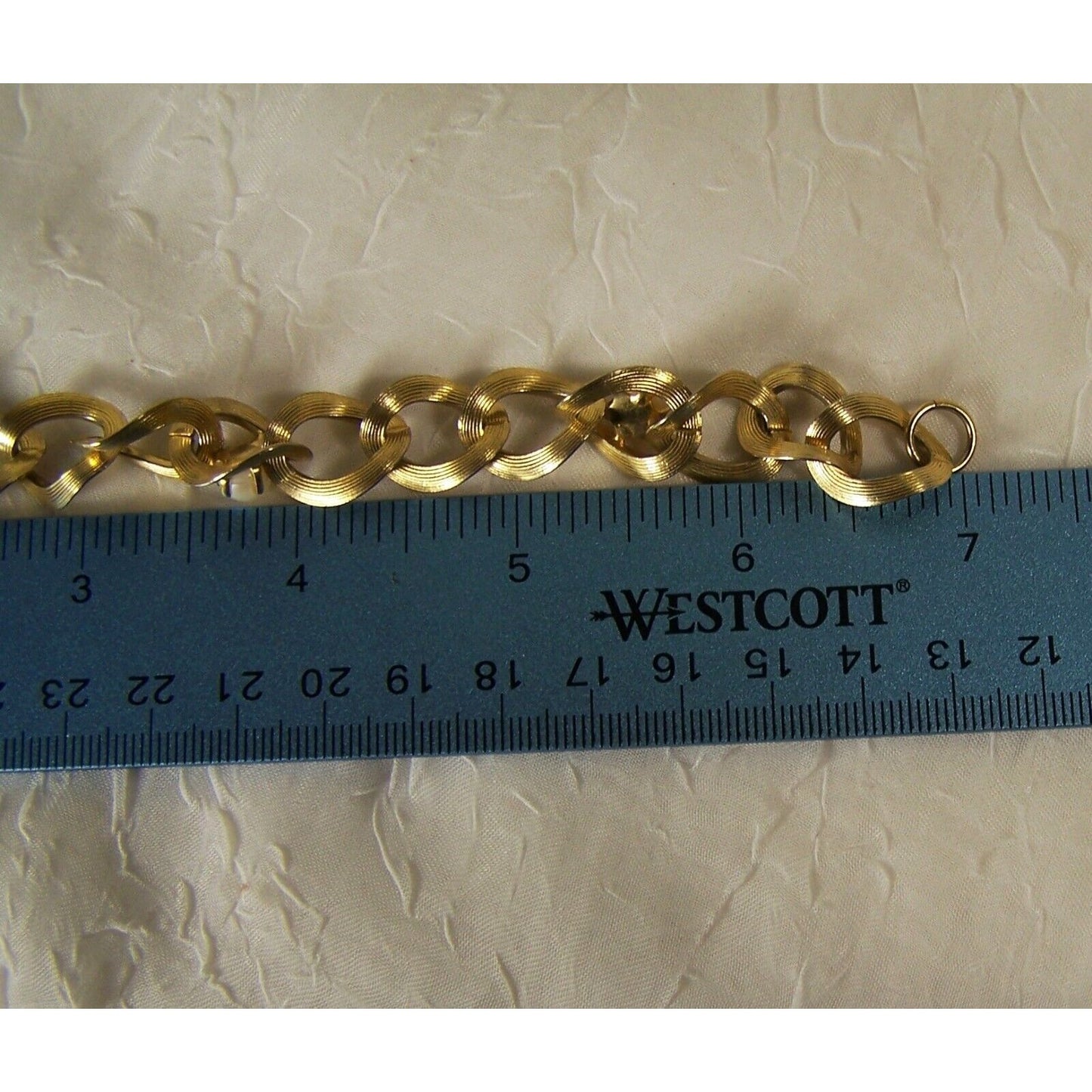 Vintage Gold Tone Bracelet Links Faux Pearls Fold Over Clasp, 7 1/4" Unmarked