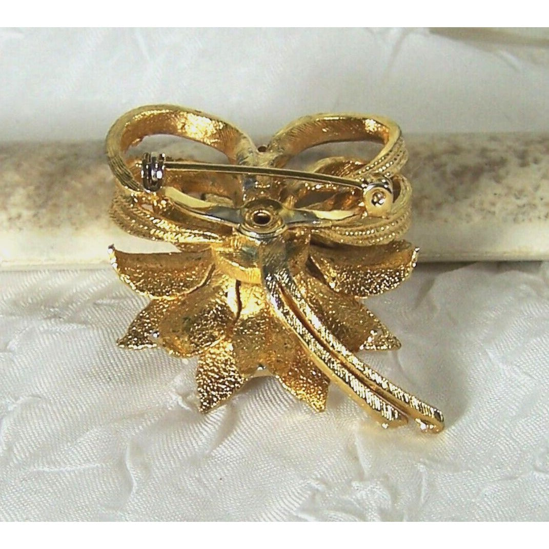 Vintage Gold Tone Rose Flower Brooch Textured Pointed Leaves 2"