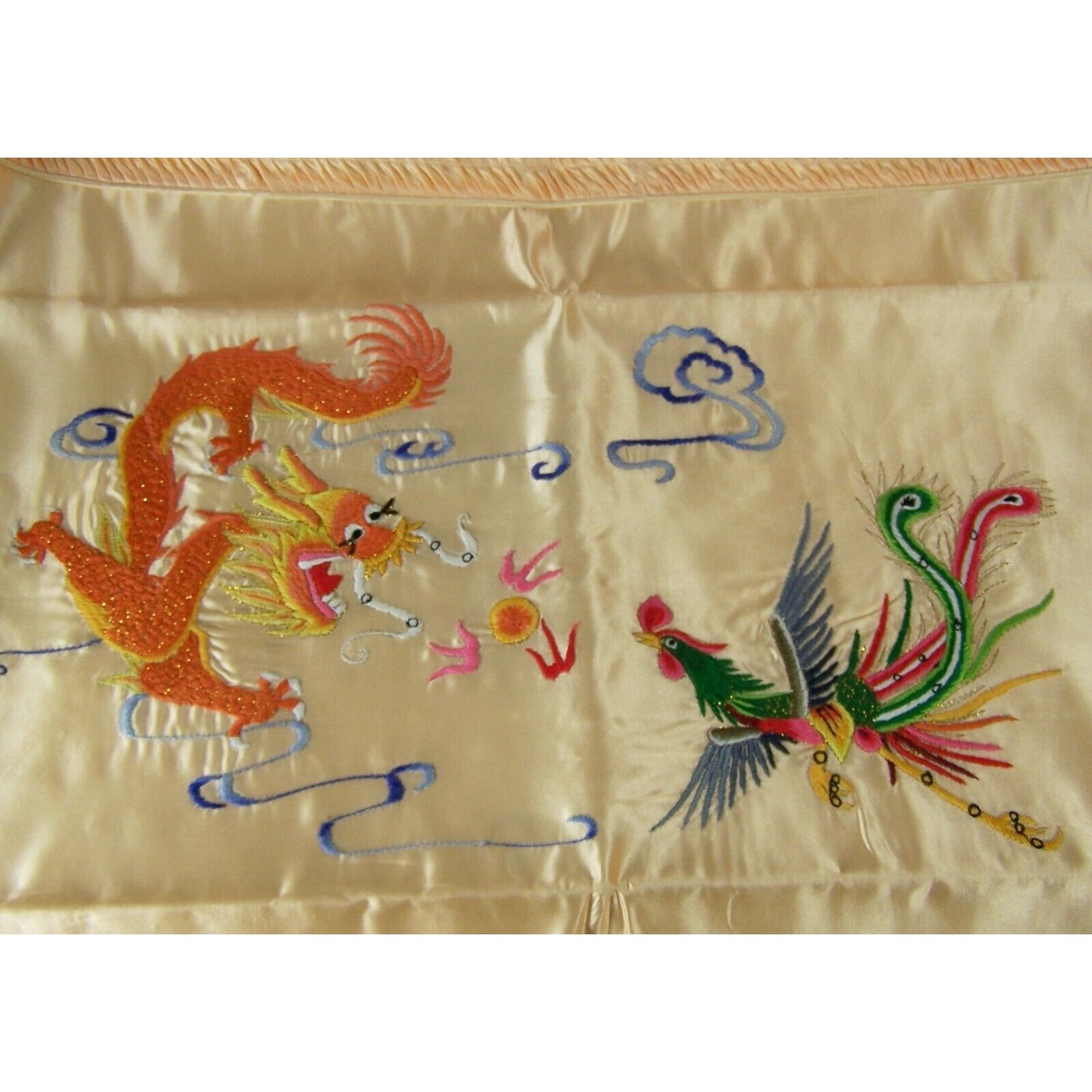 Chinese Dragon Silk Satin Peach Pillow Shams 26"x 17" Ruffle Left & Right New
