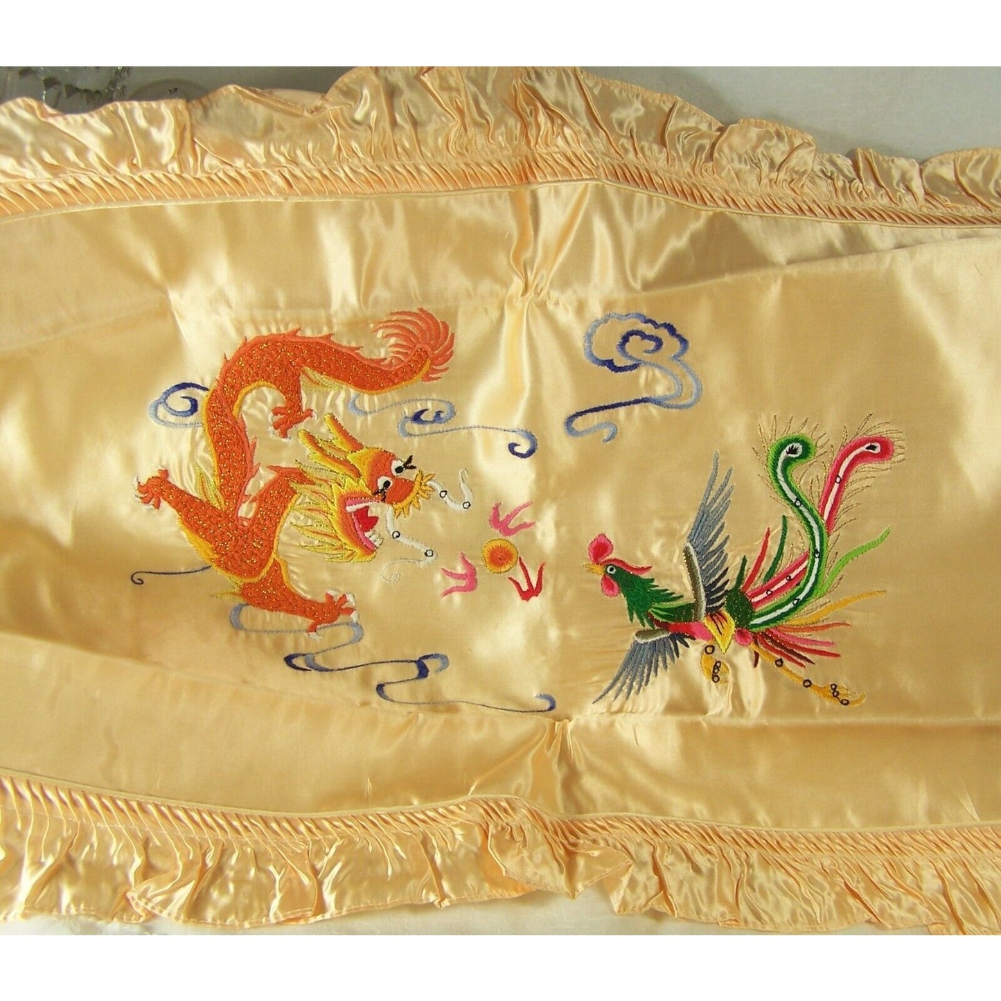 Chinese Dragon Silk Satin Peach Pillow Shams 26"x 17" Ruffle Left & Right New