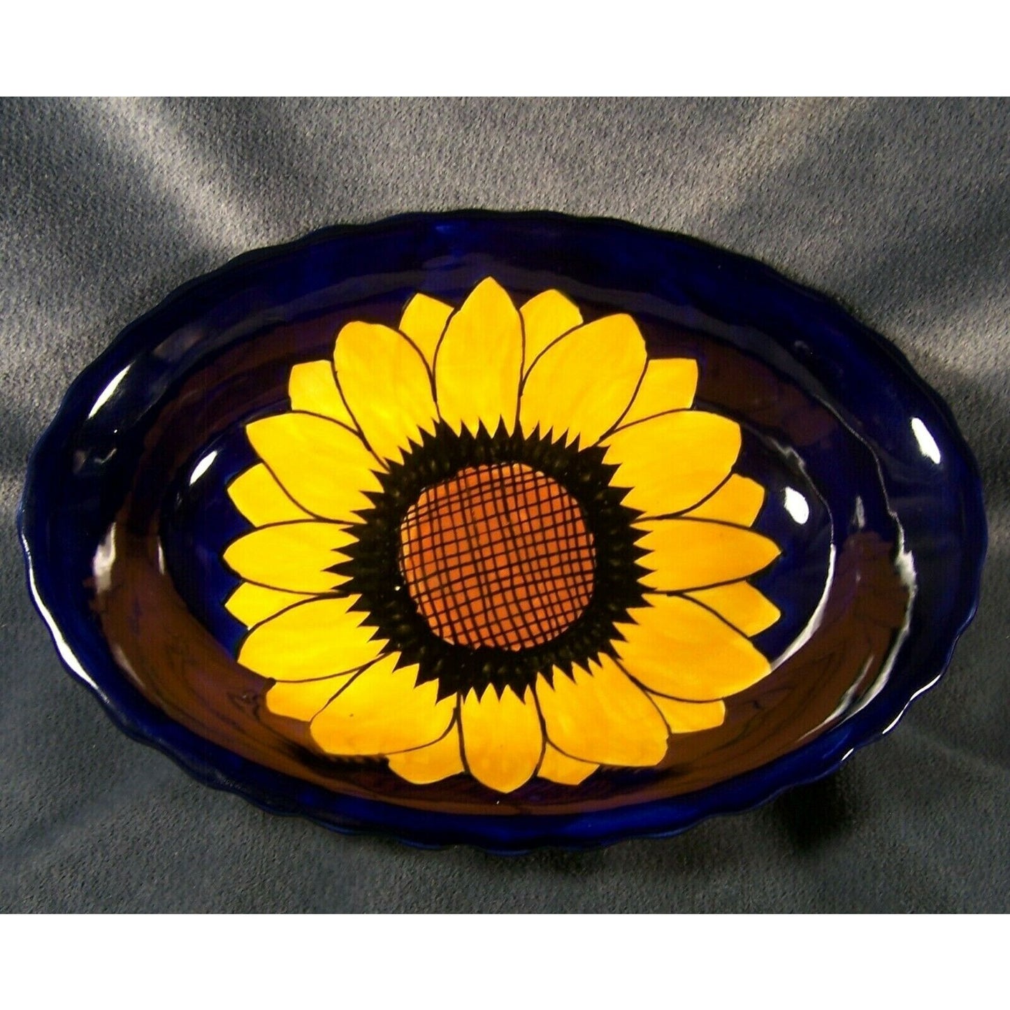 Talavera Pottery Cobalt Sunflower Serving Bowl Artist Mark Lead Free