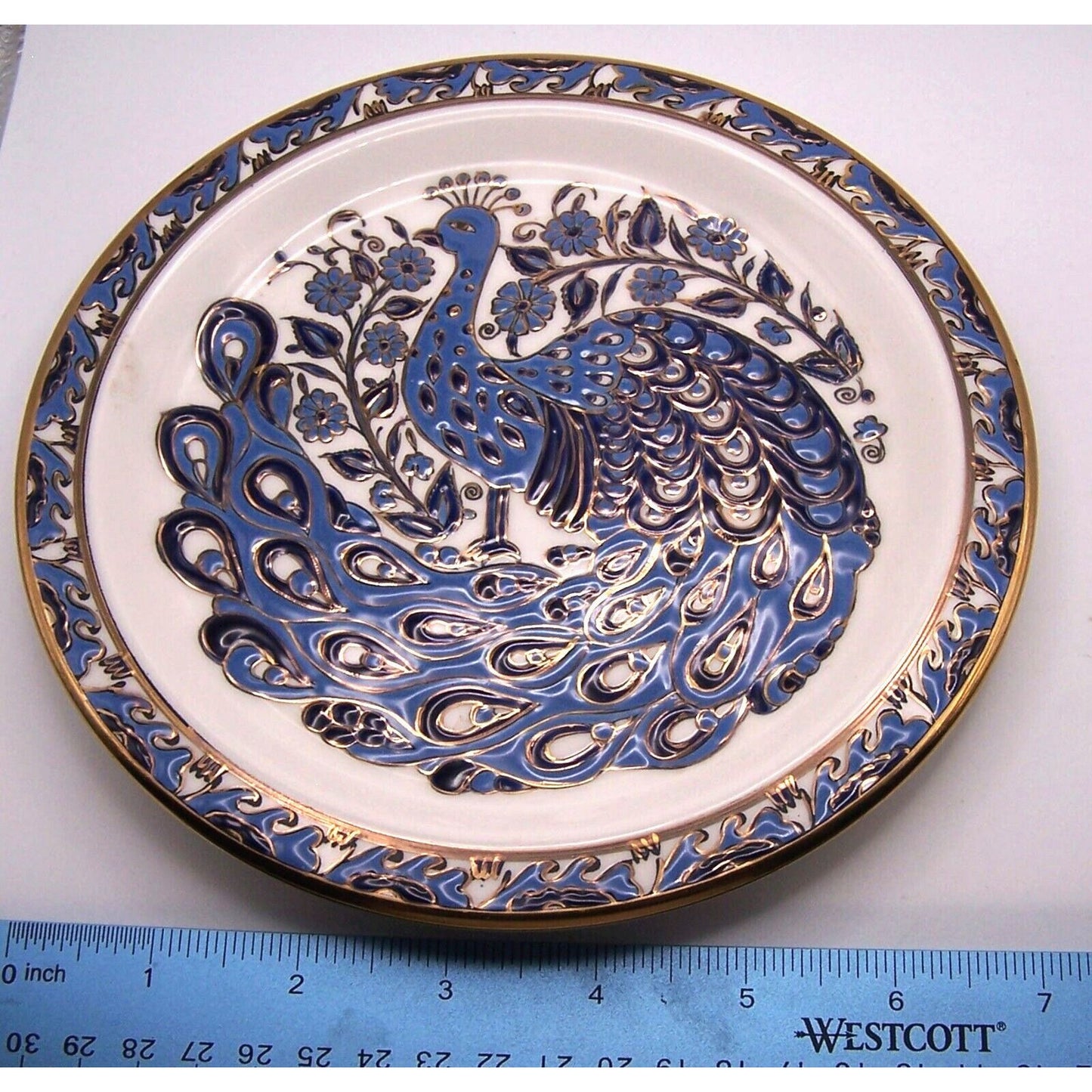 Greece Peacock Wall Plate Blue White Gold Signed
