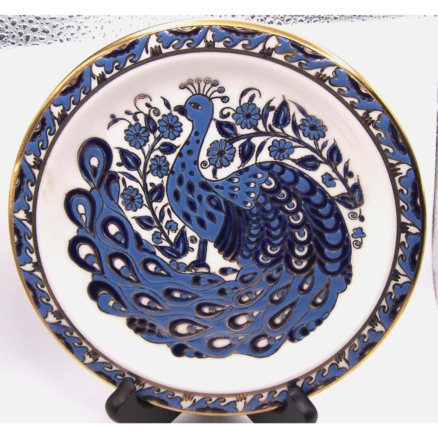 Greece Peacock Wall Plate Blue White Gold Signed